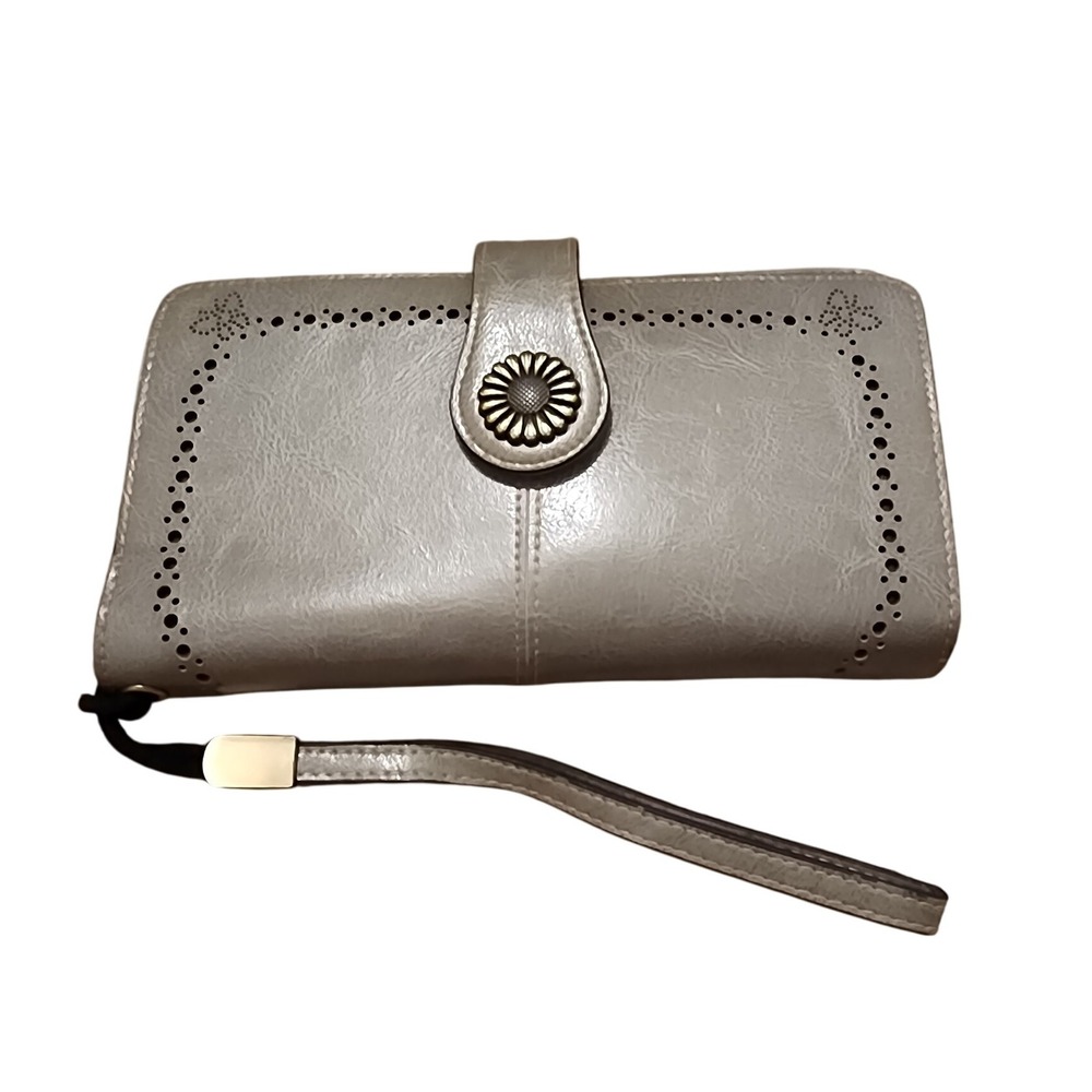 Women's Gray Faux Leather Wallet Clutch Wristlet with Flower Detail Snap Closure